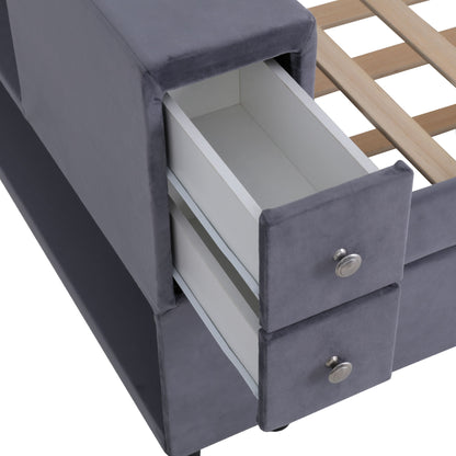 Twin Upholstered Bed With Storage And Twin Trundle, USB Charging Ports - Gray