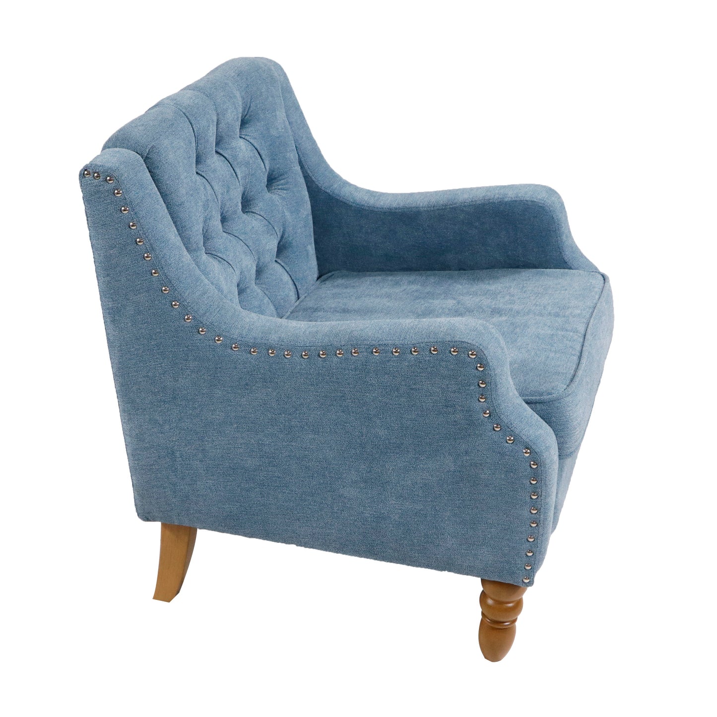 Accent Chair, Living Room Chair, Footrest Chair Set With Vintage Brass Studs, Button Tufted Upholstered Armchair For Living Room, Comfy Reading Chair For Bedroom, Reception Room - Blue
