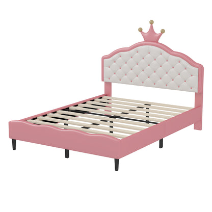 Full Size Lovely Crown Fantasy Leather Princess Bed With Tufted Headboard - Pink / Cream