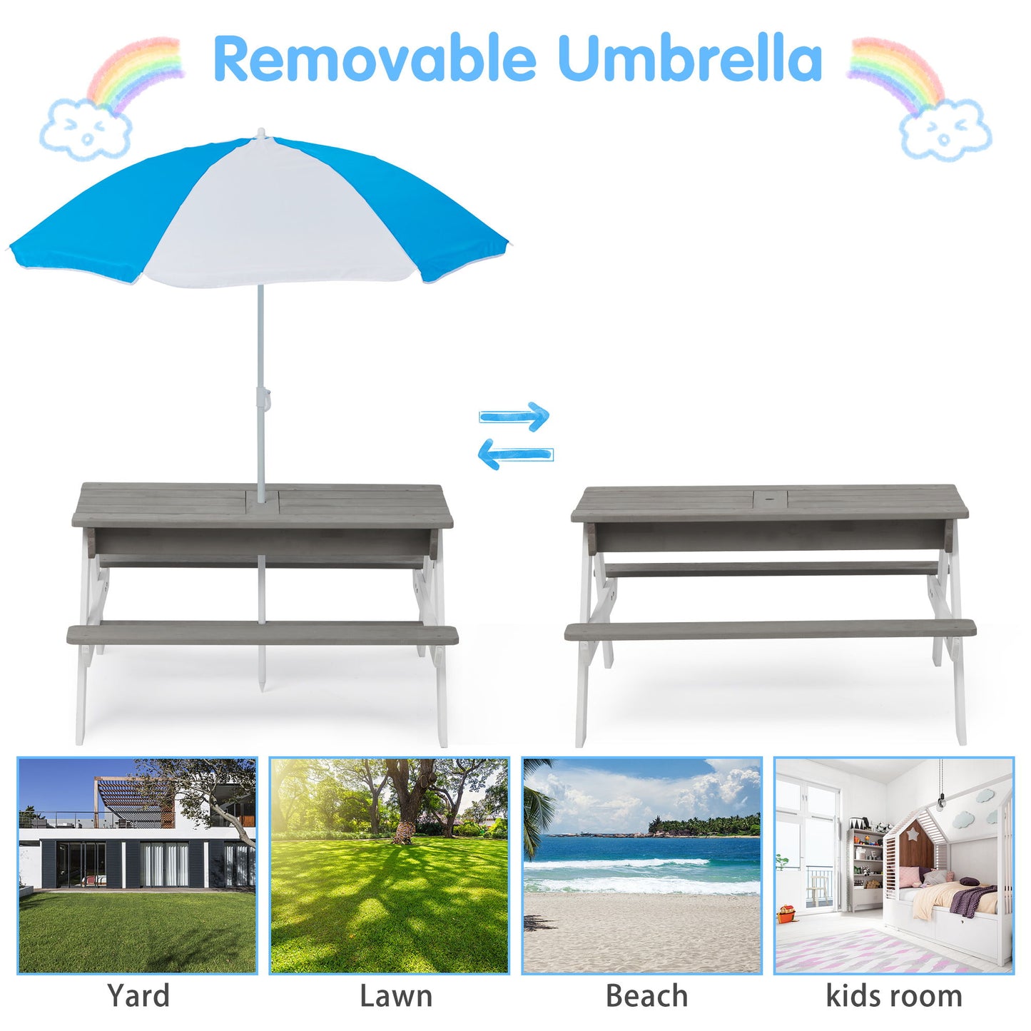 3-In-1 Kids Outdoor Wooden Picnic Table With Umbrella, Convertible Sand & Water, ASTM & CPSIA Certification - Gray