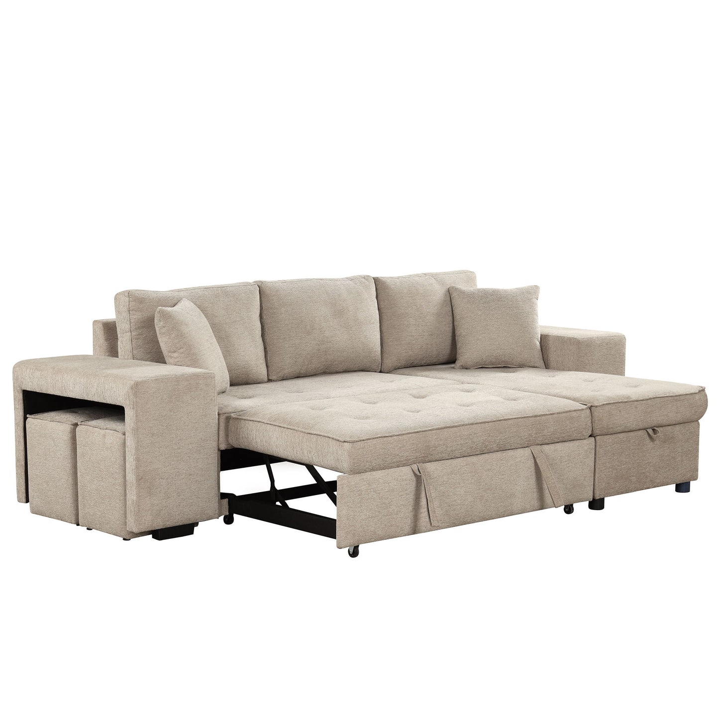 Modern L-Shape 3 Seat Reversible Sectional Couch, Pull Out Sleeper Sofa With Storage Chaise And 2 Stools For Living Room Furniture Set - Cream
