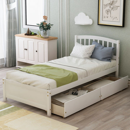 Twin Platform Storage Bed Frame With Two Drawers And Headboard - White