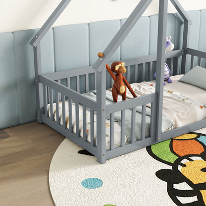 Twin Wood House-Shaped Floor Bed With Fence, Guardrails - Gray