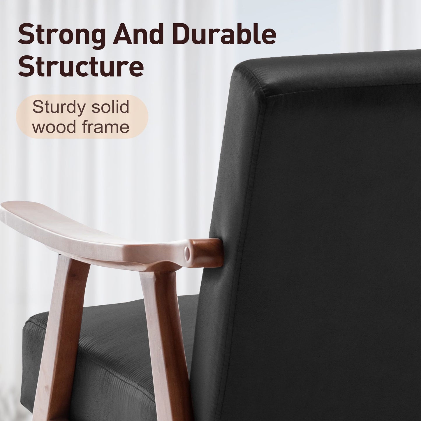 Mid Century Modern Wingback Accent Chair With Solid Wood Frame And Extra Thick Backrest - Lounge Chair For Living Room, Bedroom, Or Reading Room - Black