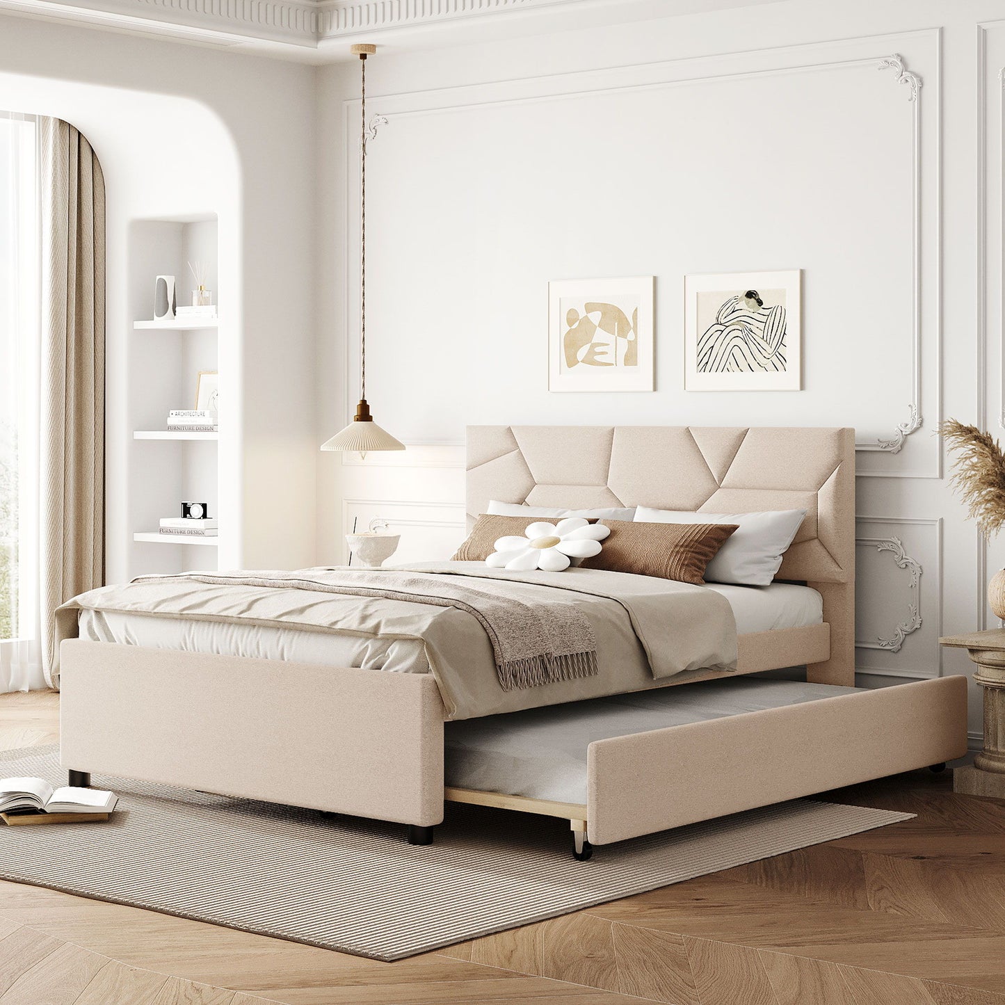 Full Size Upholstered Platform Bed With Brick Pattern Headboard And Twin Size Trundle - Beige