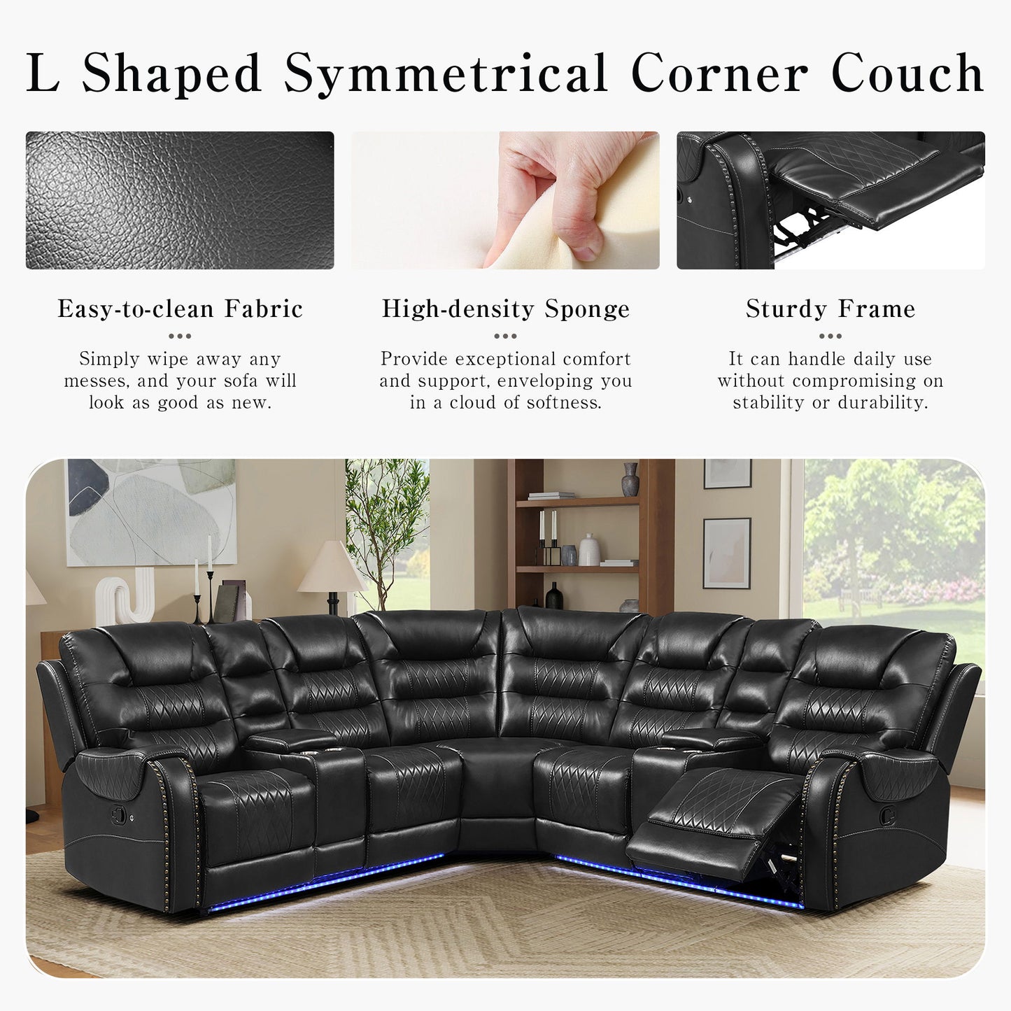 Manual Reclining Sectional Sofa Set L Shaped Symmetrical Motion Sofa Corner Couch Sets With Storage Boxes, 4 Cup Holders And LED Light Strip For Living Room - Black