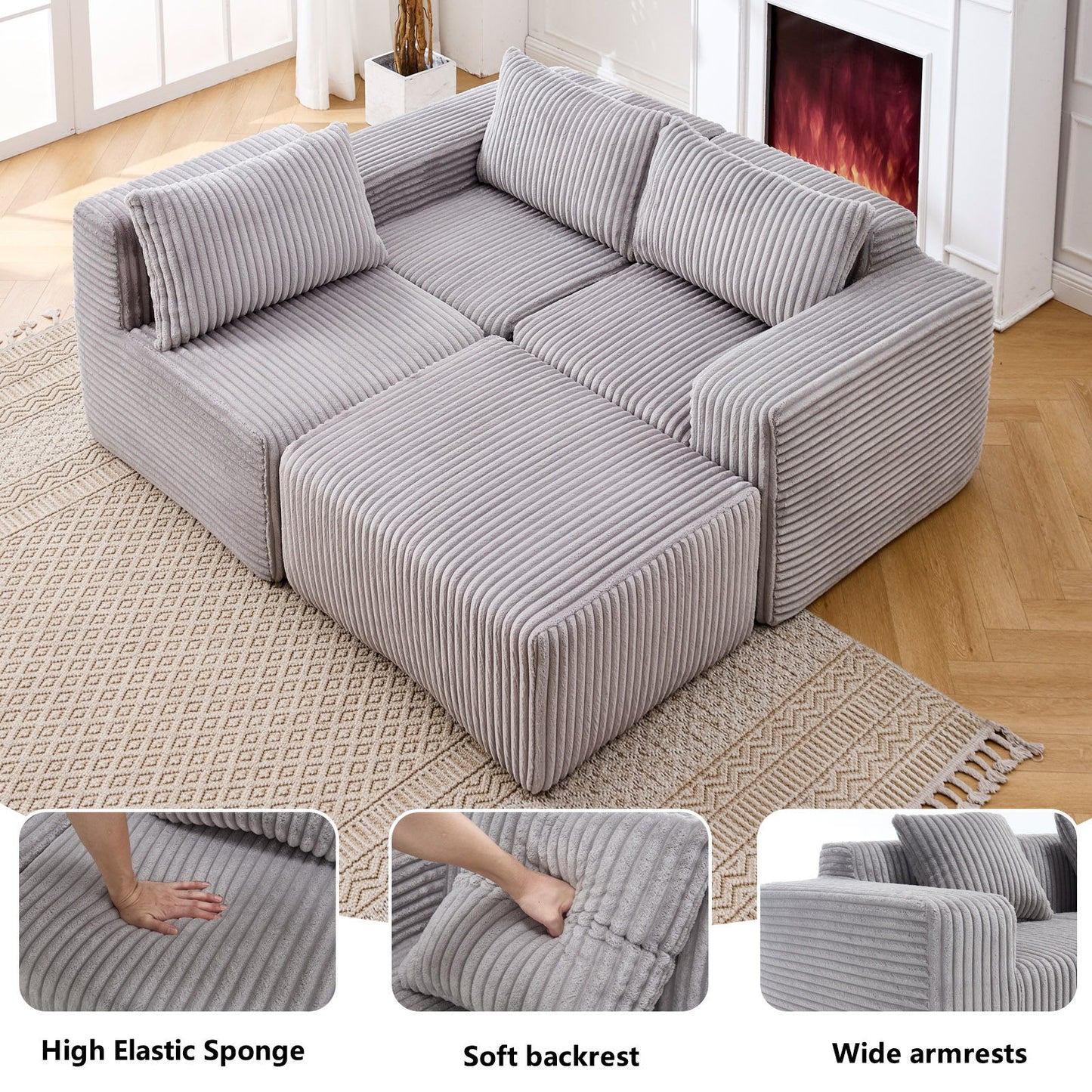Modern Minimalist Modular Sectional Sofa L - Shape Upholstered Cloud Couch With Deep Seats - Light Gray