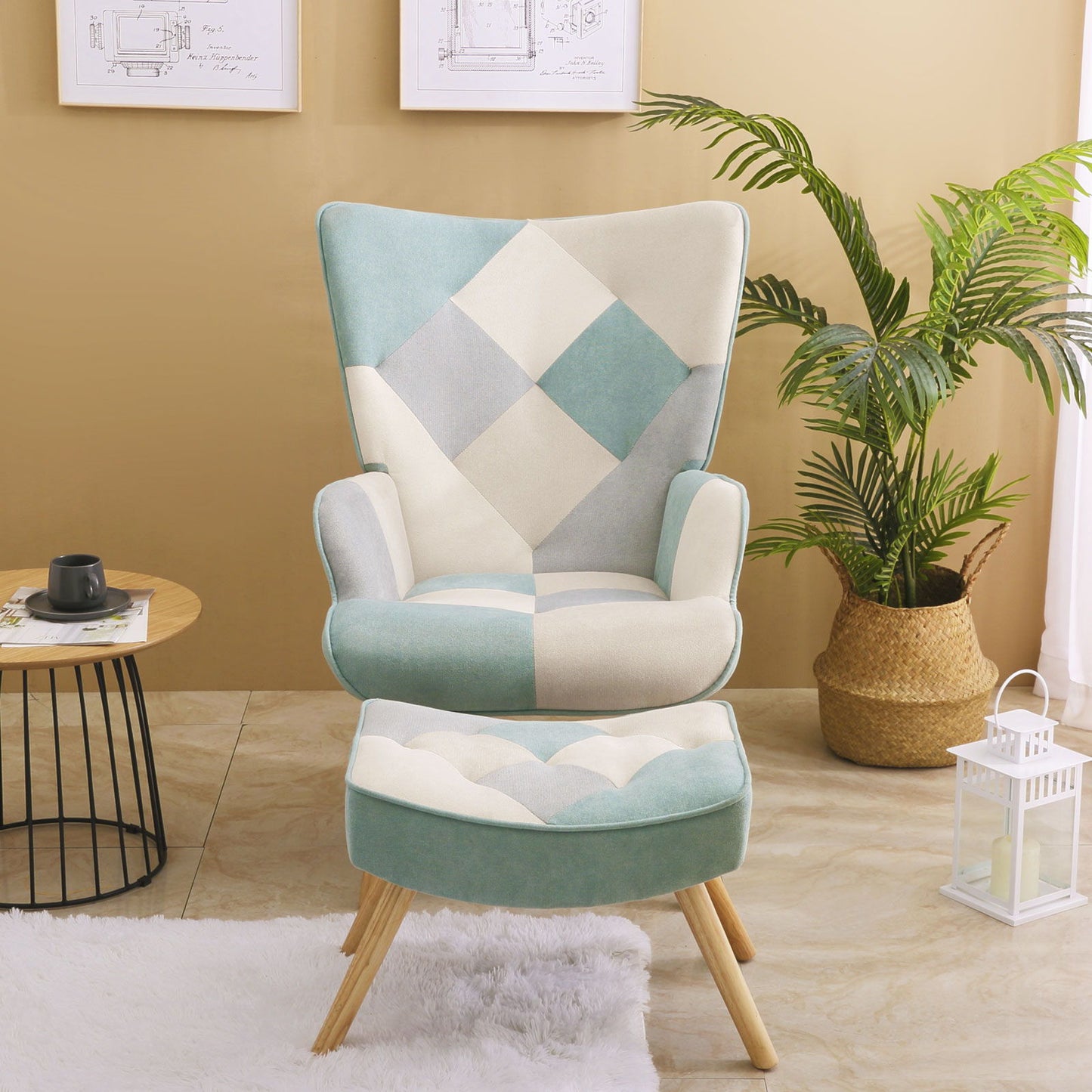 Accent Chair With Ottoman, Living Room Chair And Ottoman Set, Comfy Side Armchair For Bedroom, Creative Splicing Cloth Surface - Blue