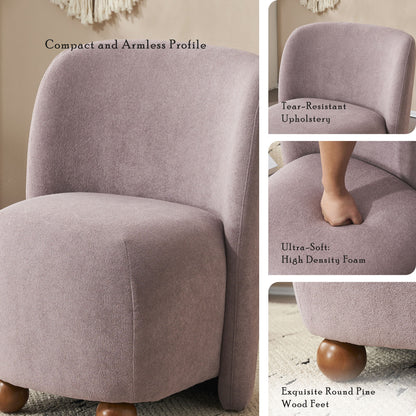 Modern Low Back Accent Chair, Upholstered Armless Living Room Chairs, Round Pine Wood Feet, For Small Living Spaces, Living Room - Purple
