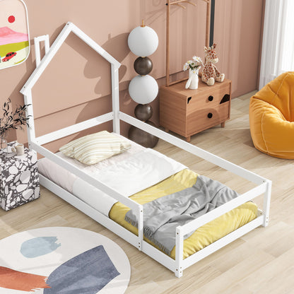 Twin Size Wood Bed With House-Shaped Headboard Floor Bed With Fences - White