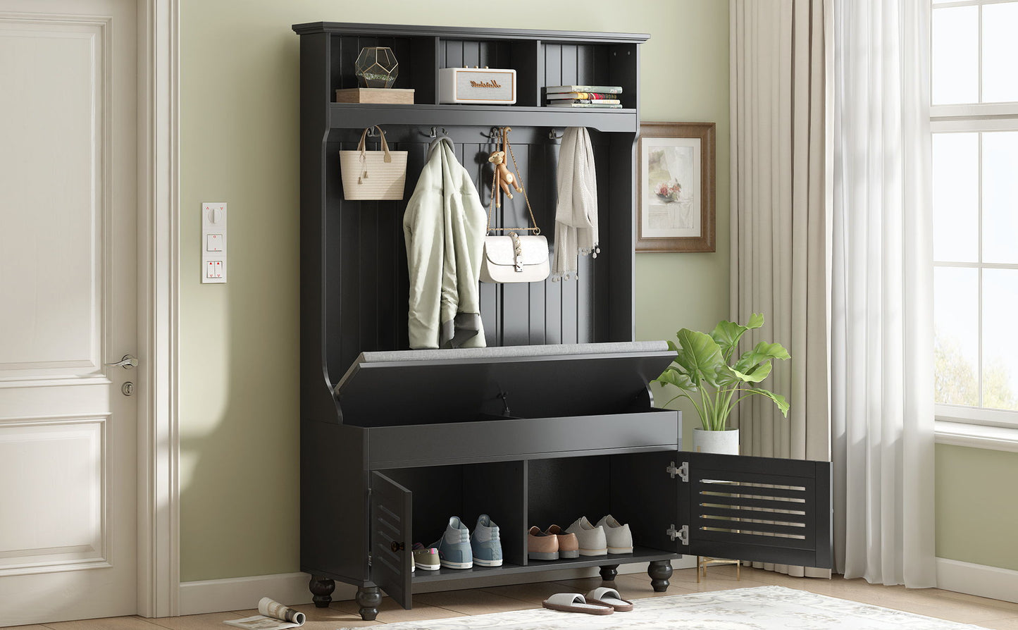 5 In 1 Entryway Bench With Shutter - Shaped Doors, Coat Rack, Cushion And 4 Sturdy Hooks, Wide Hall Tree With Storage Bench For Hallway, Entryway, Living Room - Black
