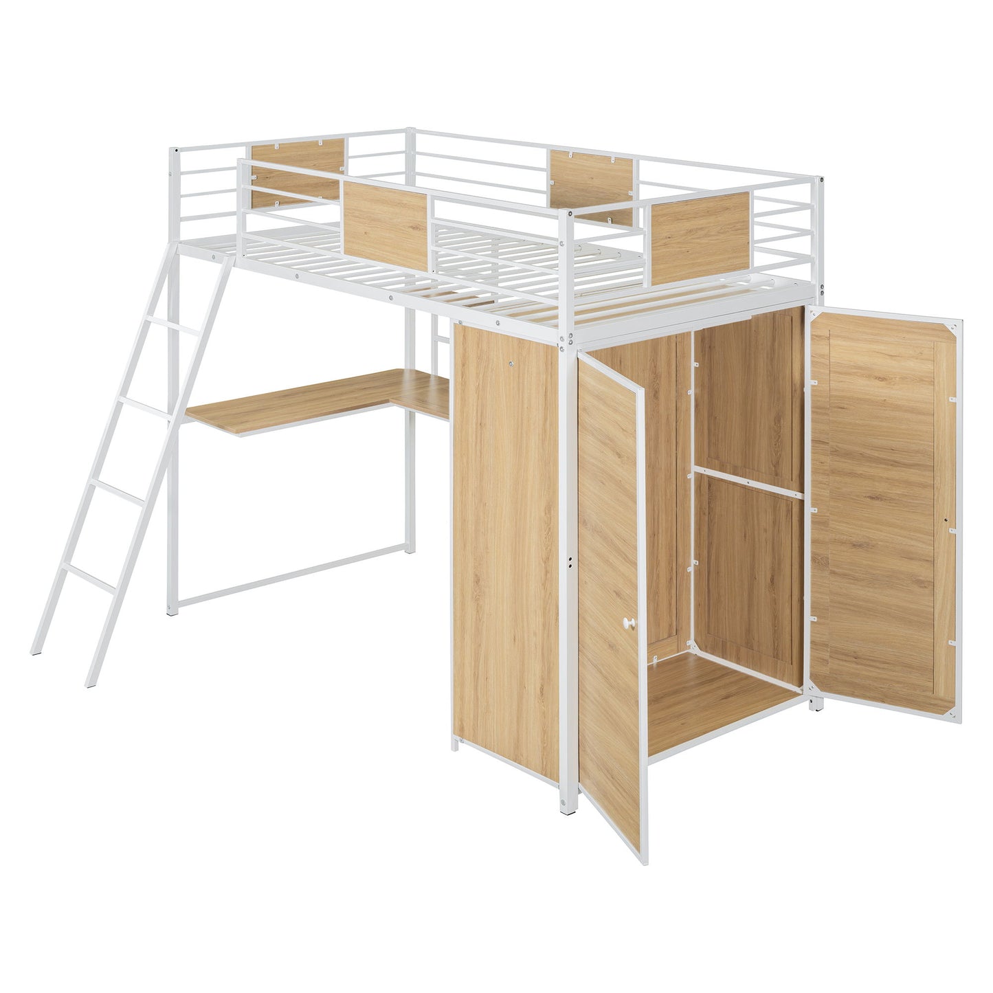 Twin Size Loft Bed With L Shape Desk And Wardrobe - White