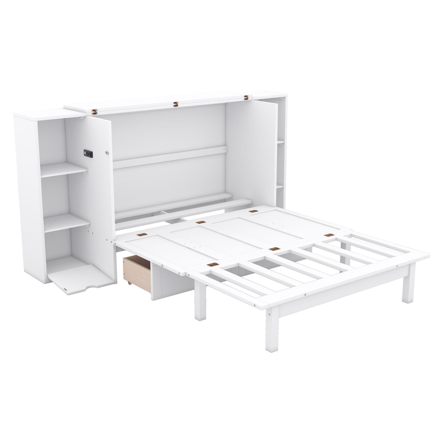 Full Size Murphy Bed With Shelves, Drawers And USB Ports - White