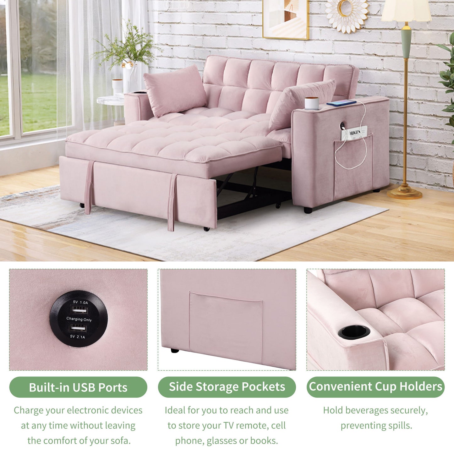 Multi Functional Sofa Bed With Cup Holder And USB Port For Living Room Or Apartments - Pink