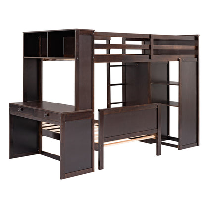 Twin Size Loft Bed With A Stand Alone Bed, Shelves, Desk, And Wardrobe - Espresso
