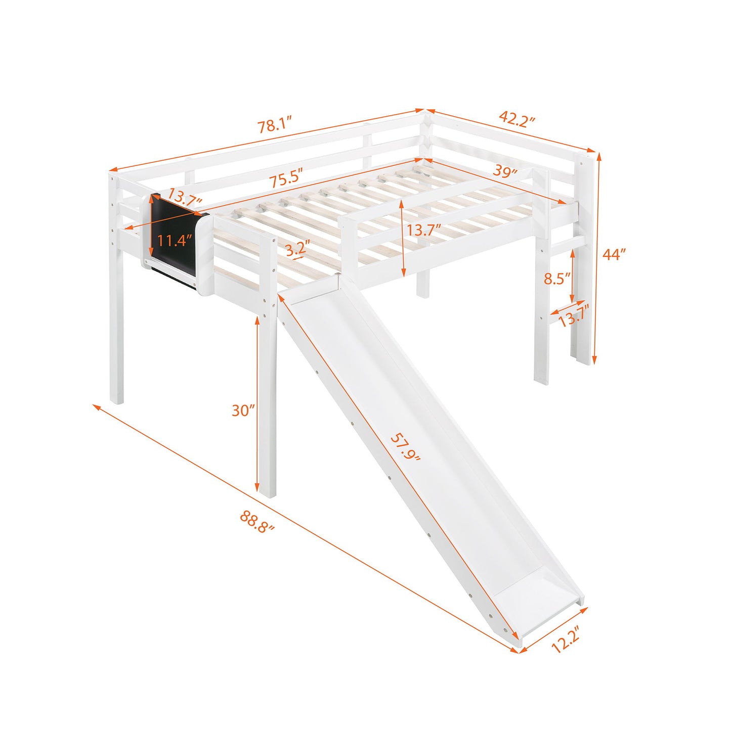 Twin Size Loft Bed With Slide, Stair And Chalkboard - White