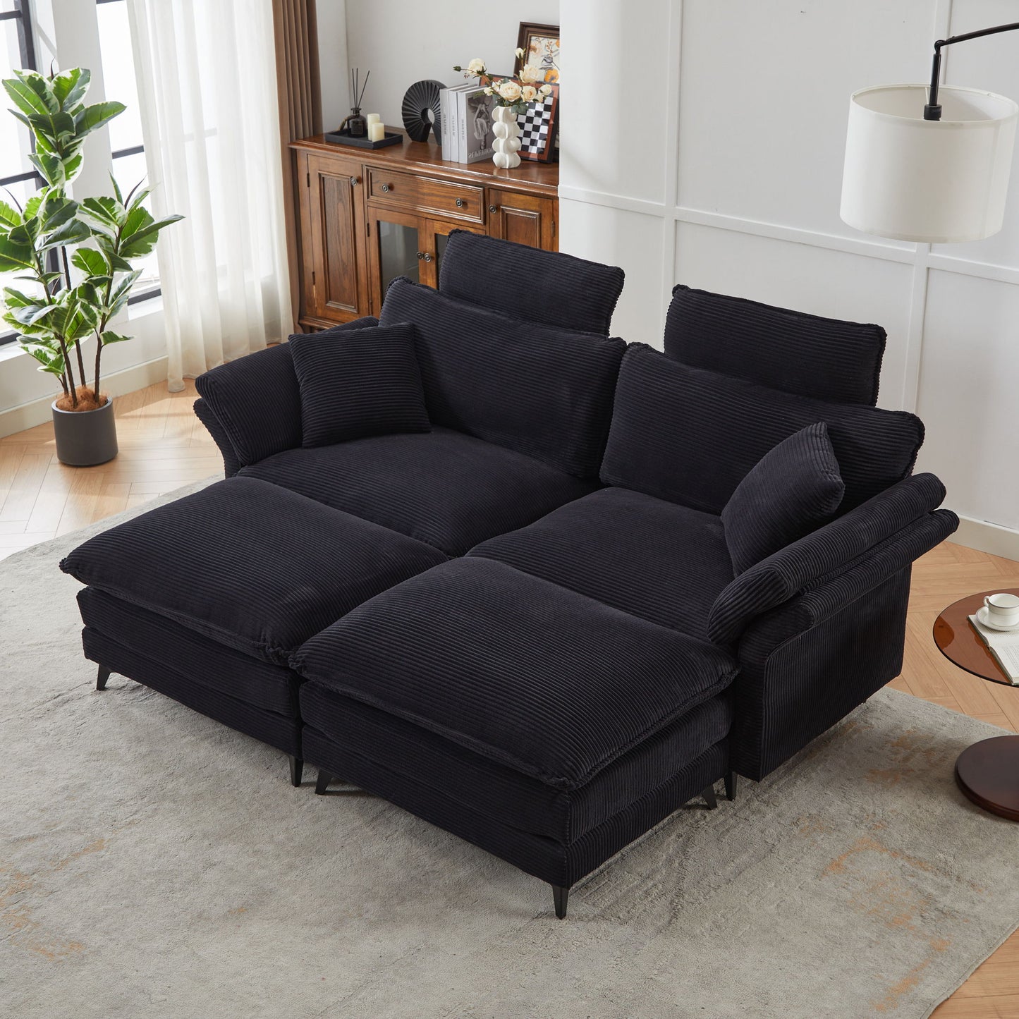 Modern Corduroy, Deep Seat Sectional Sofa With Ottomans, Comfortable Cloud Sofa - Black