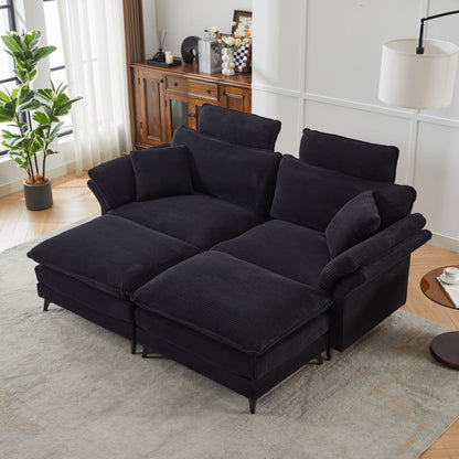 Modern Corduroy, Deep Seat Sectional Sofa With Ottomans, Comfortable Cloud Sofa - Black