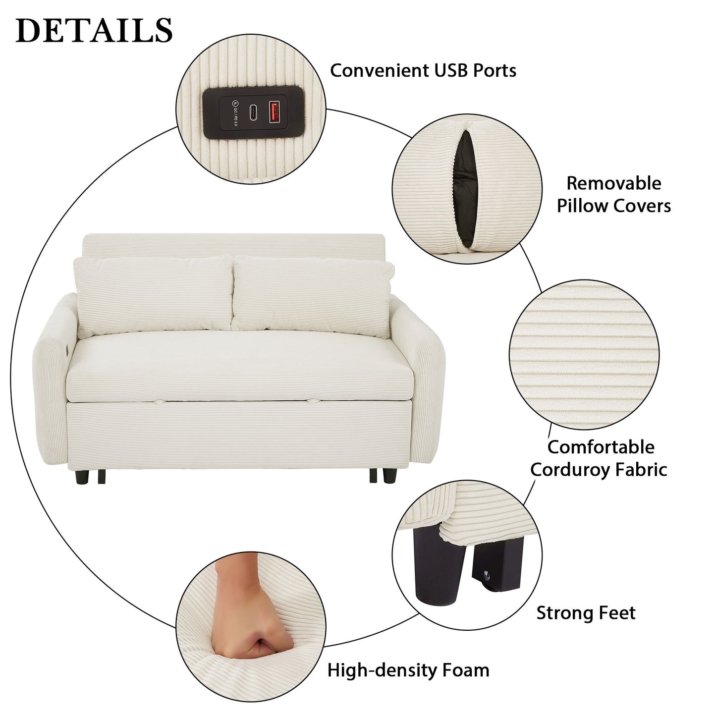 Pull Out Sofa Bed Convertible Couch 2 Seat Loveseat Sofa Modern Sleeper Sofa With 2 Throw Pillows And USB Ports For Living Room - Beige