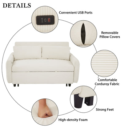 Pull Out Sofa Bed Convertible Couch 2 Seat Loveseat Sofa Modern Sleeper Sofa With 2 Throw Pillows And USB Ports For Living Room - Beige