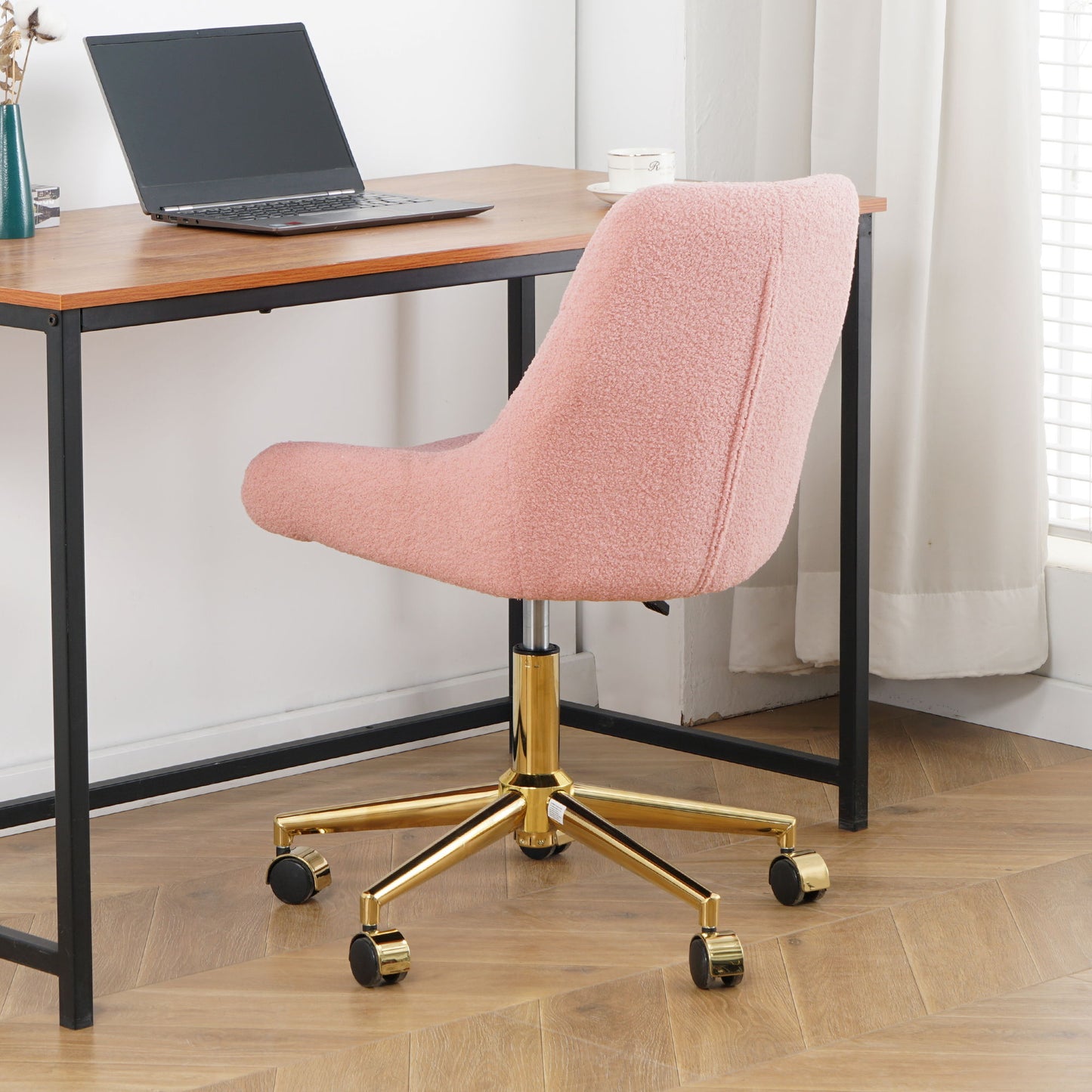 Modern Teddy Fleece Fabric Living Room Furniture Dining Chair With Gold Legs, Soft And Comfortable, Adjustable, Space Saving - Pink