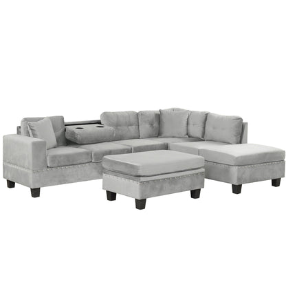 Modern Sectional Sofa With Storage Ottoman, L - Shape Couch With 2 Pillows And Cup Holders - Gray