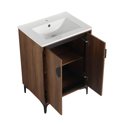 Modern 24'' Bathroom Vanity With Top Sink Storage Cabinet - Brown