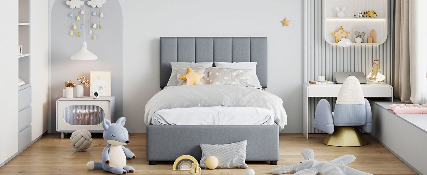 Twin Size Upholstered Platform Bed With A Hydraulic Storage System - Gray