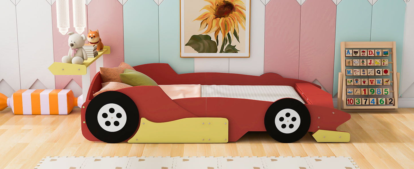 Full Size Race Car Shaped Platform Bed With Wheels - Red