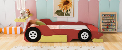 Full Size Race Car Shaped Platform Bed With Wheels - Red
