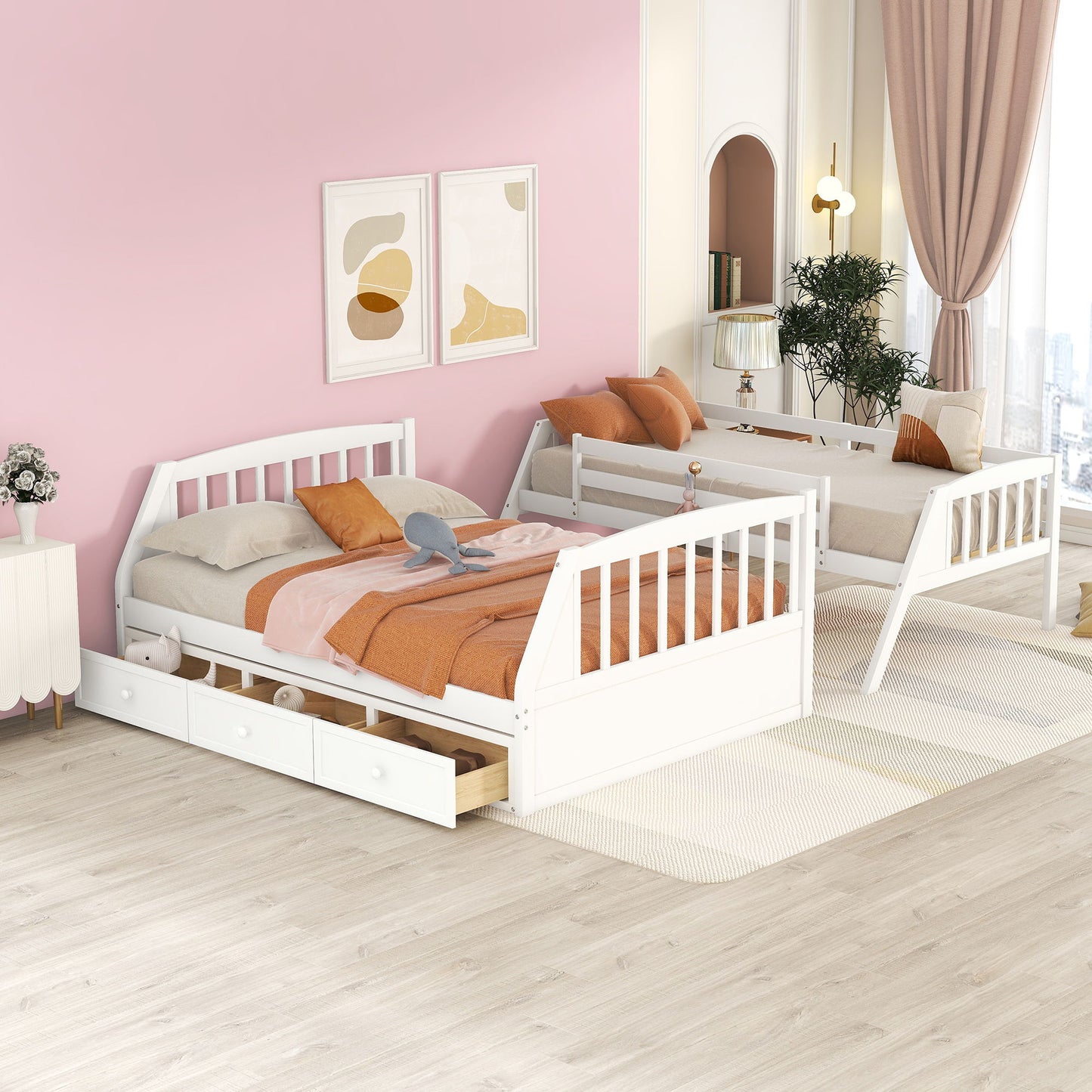 Twin Over Full Bunk Bed With Drawers, Ladder And Storage Staircase - White