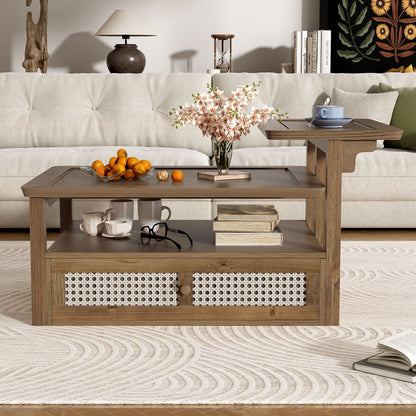 Modern Coffee Table, Coffee Table With 1 Storage Shelf, 2 Tabletops And 1 Rattan Drawer For Living Room - Dark Brown