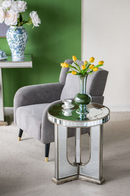 Round Side Table With Elegant Foral Design And Mirrored - Silver Multi