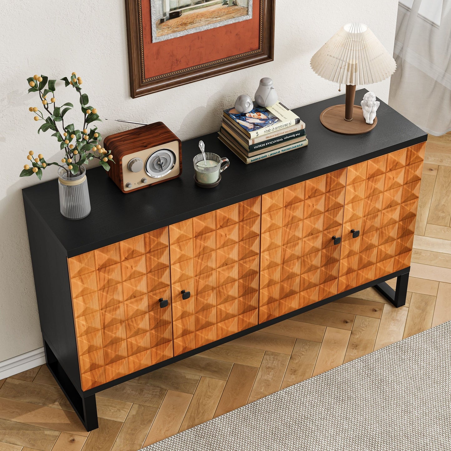 Modern Buffet Cabinet With Storage Space, Retro Style 4 Door Wooden Storage Cabinet, Multifunctional Decorative Cabinet With Geometric Patterns, Suitable For Living Room, Dining Room, Entrance - Orange / Yellow