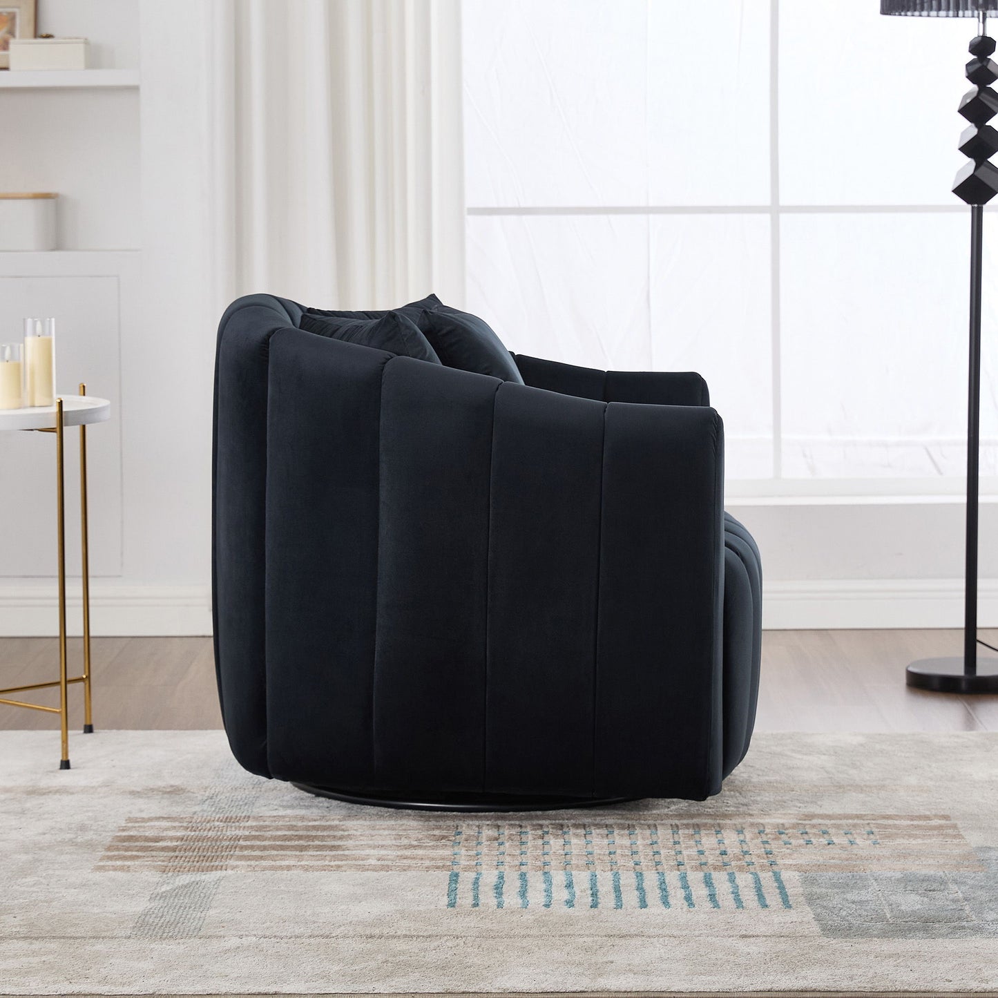 Upholstered Oversized 360 Degree Swivel Accent Barrel Chair And Half Cozy Sofa With 3 Pillows, Channel Tufted Pumpkin Shape Club Armchair For Living Room, Bedroom, Office, Lounge - Black