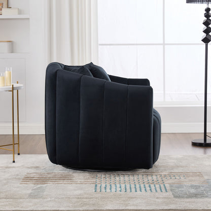 Upholstered Oversized 360 Degree Swivel Accent Barrel Chair And Half Cozy Sofa With 3 Pillows, Channel Tufted Pumpkin Shape Club Armchair For Living Room, Bedroom, Office, Lounge - Black