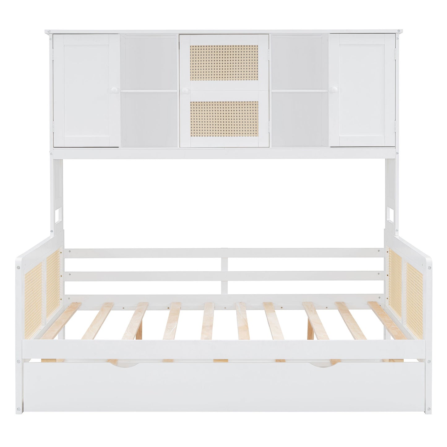 Full Size Wooden Daybed & Twin Size Trundle, And All In One Cabinet And Shelf - White