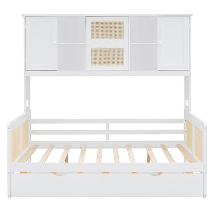Full Size Wooden Daybed & Twin Size Trundle, And All In One Cabinet And Shelf - White