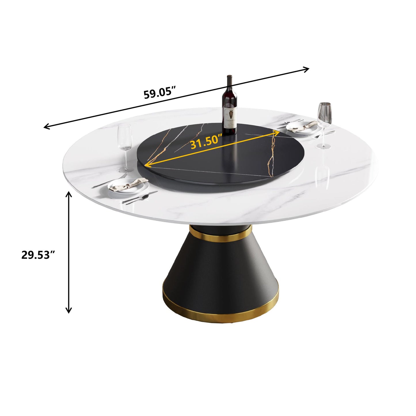59.05" Modern Artificial Stone Round Carbon Steel Base Dining Table, Black Artificial Stone Turntable - White / Black