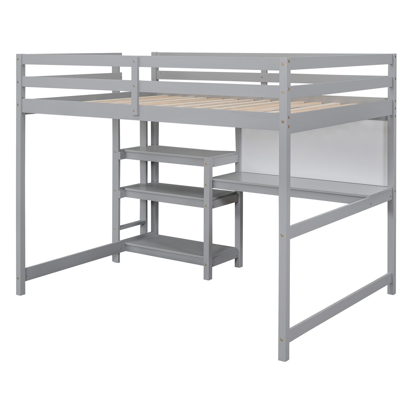 Full Size Loft Bed With Shelves, Desk And Writing Board - Gray