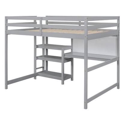 Full Size Loft Bed With Shelves, Desk And Writing Board - Gray