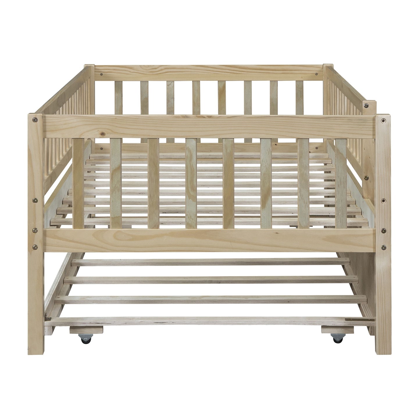 Twin Size Daybed With Trundle And Fence Guardrails - Natural