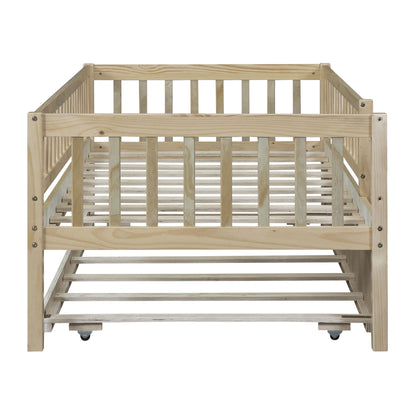 Twin Size Daybed With Trundle And Fence Guardrails - Natural