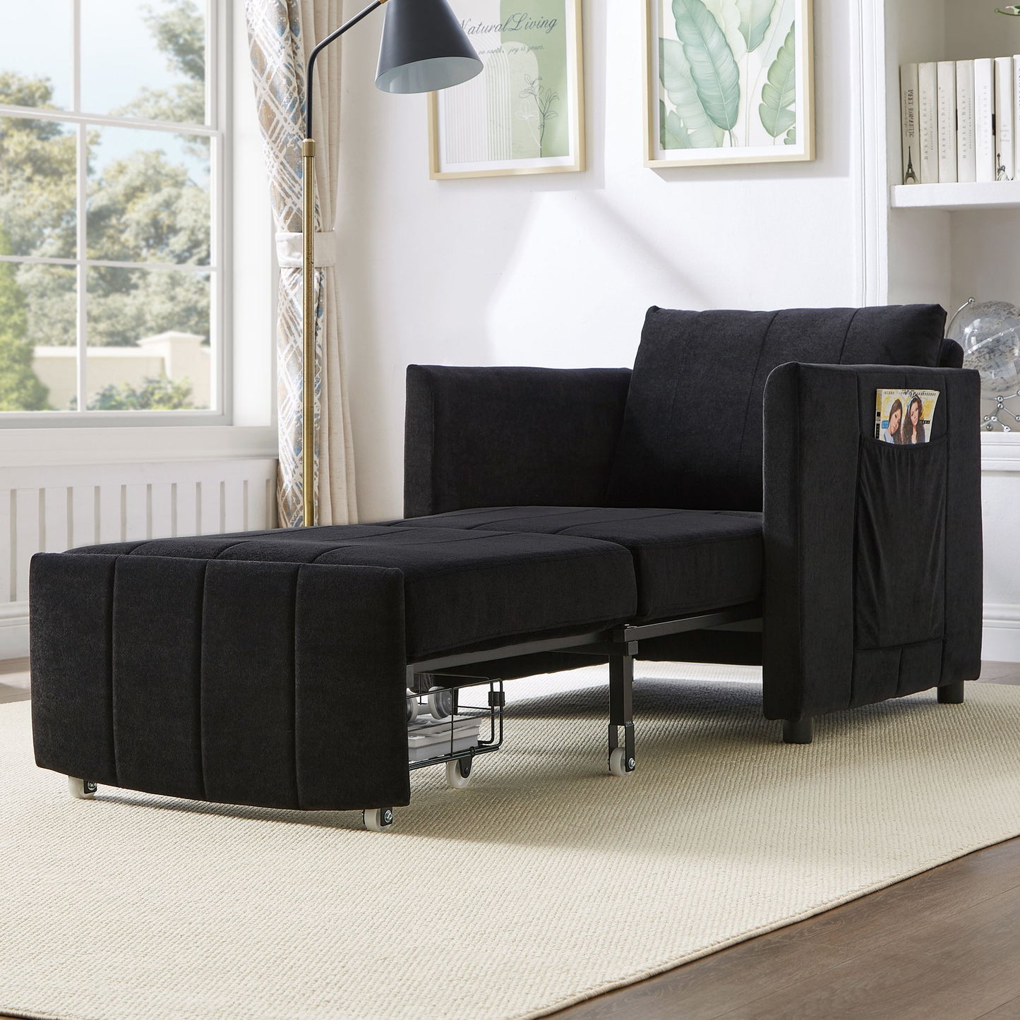 Upholstered Convertible Sleeper Sofa With 5 Position Backrest, Side Pockets, Storage - Black