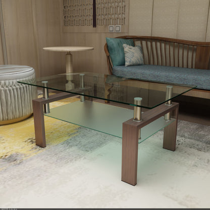 Rectangle Glass Coffee Table, Modern Side Center Tables - Walnut / Clear