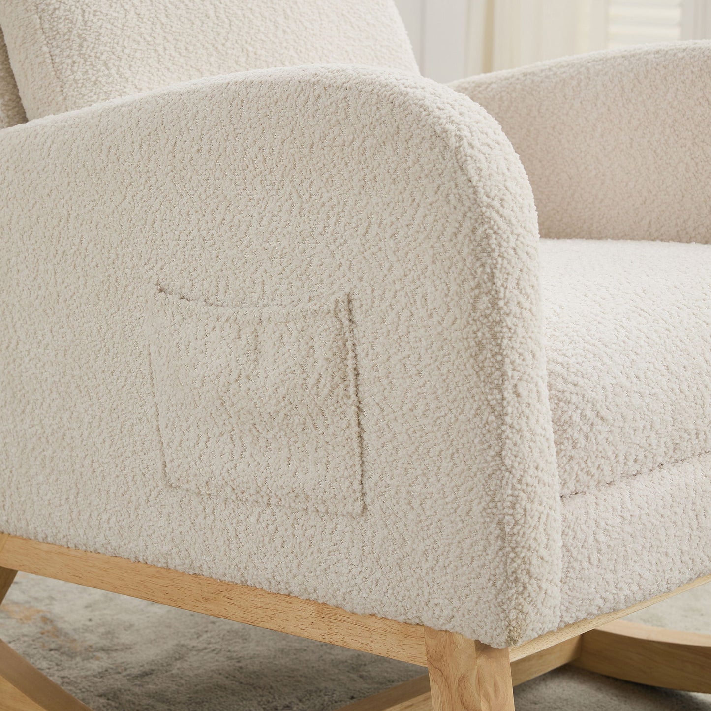 Rocking Chair For Nursery, High Back Glider With Retractable Footrest, Boucle Upholstery, Rubber Wood Legs - Ivory