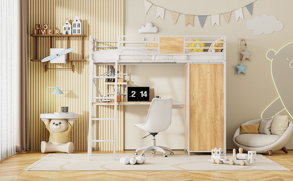 Twin Size Loft Bed With L Shape Desk And Wardrobe - White