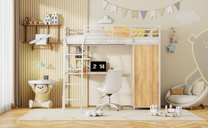 Twin Size Loft Bed With L Shape Desk And Wardrobe - White