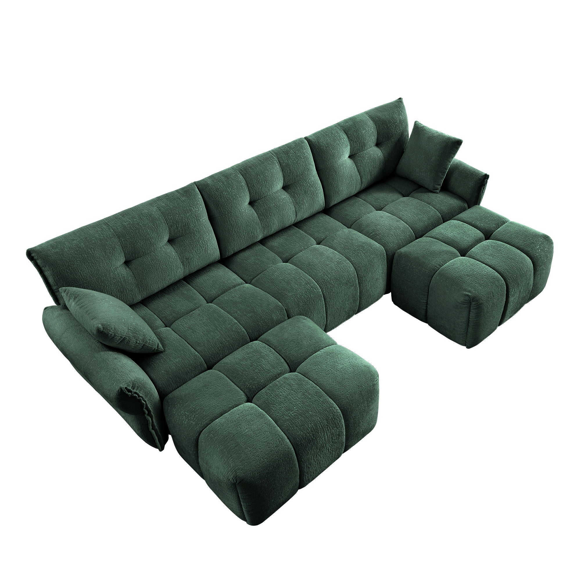 Elegant Textured 3 Seater Sofa Set With Ottoman And Throw Pillows Frame - Green