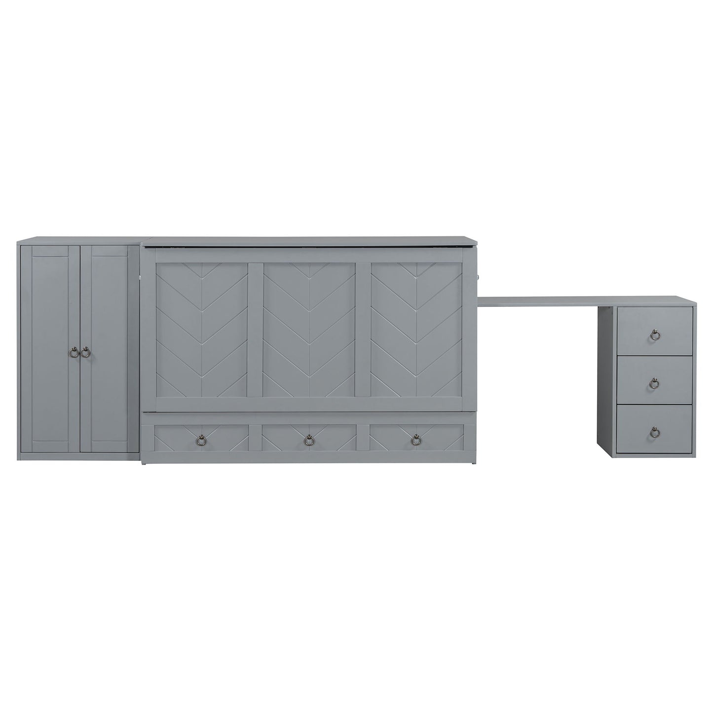 Queen Size Murphy Bed With USB Port, Large Drawer, And Wardrobe / Desk Combo Versatile Cabinet Bed - Gray